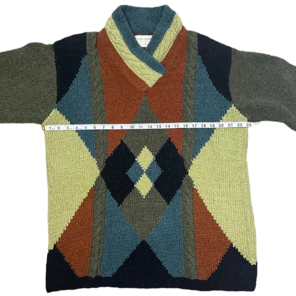 Vintage Grandpa Sweater Preppy Argyle Plaid Colorblock Y2K Multicolor SZ Large - Picture 13 of 15